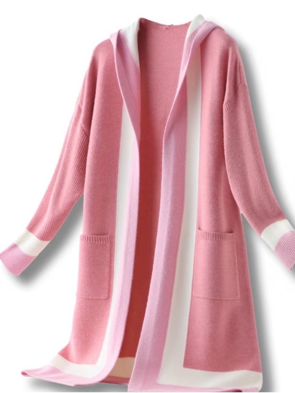New Pink and White Hooded Cardigan Sweater NIP - Picture 2 of 2